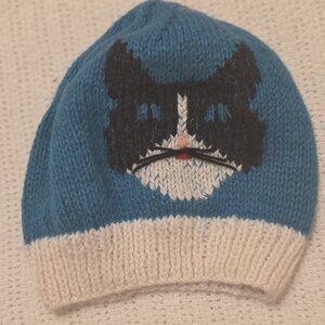 Hand-Knitted Alpaca Toddler Beanie – Turquoise with Black Cat – NEW
